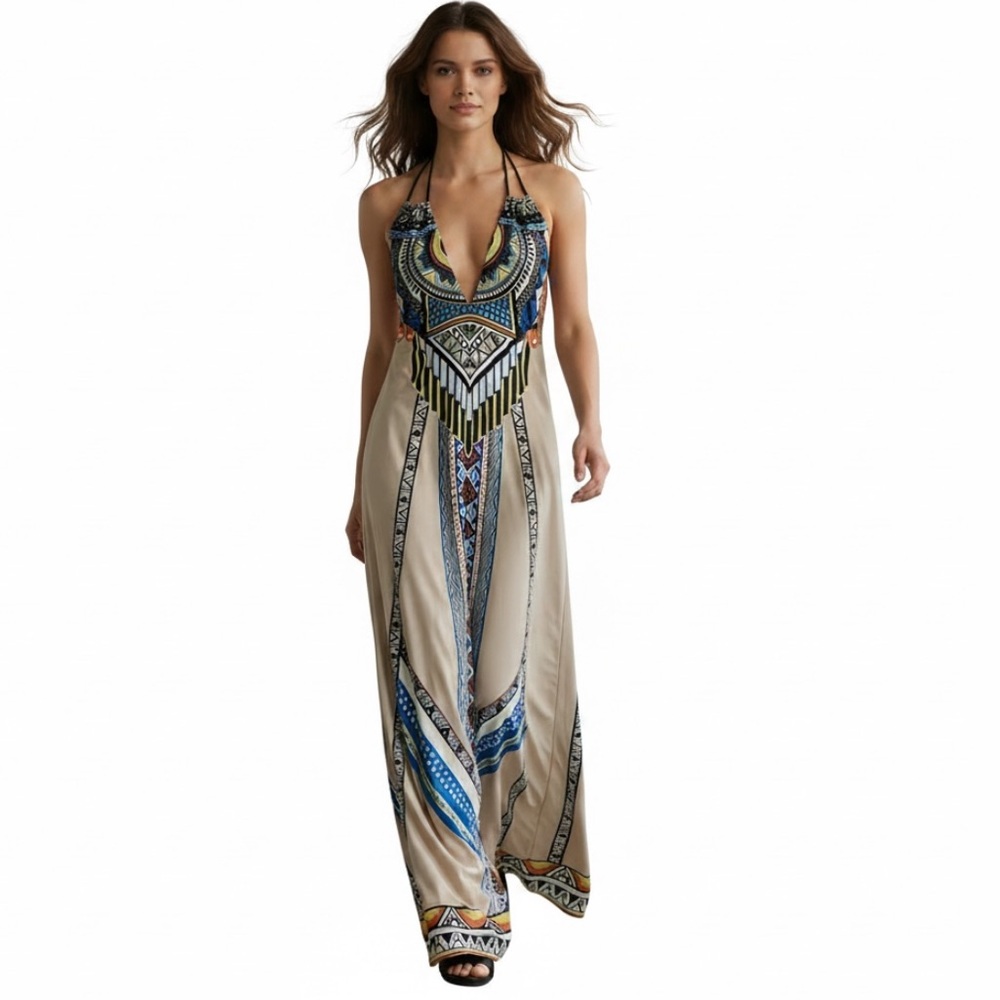 Anthropologie Flying Tomato Beige Aztec Print Boho Gypsy Festival Halter Maxi S